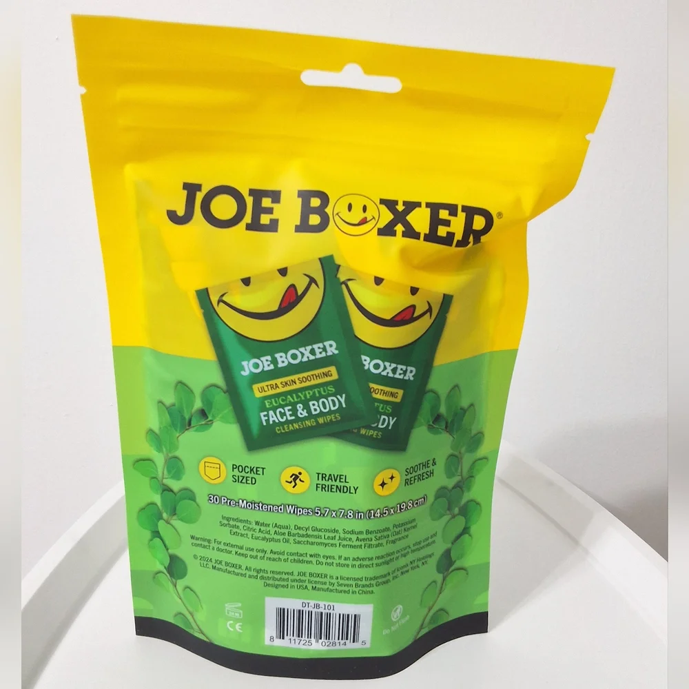 Joe Boxer Eucalyptus Face & Body Cleansing Wipes, 30 Count, Travel Friendly, NEW